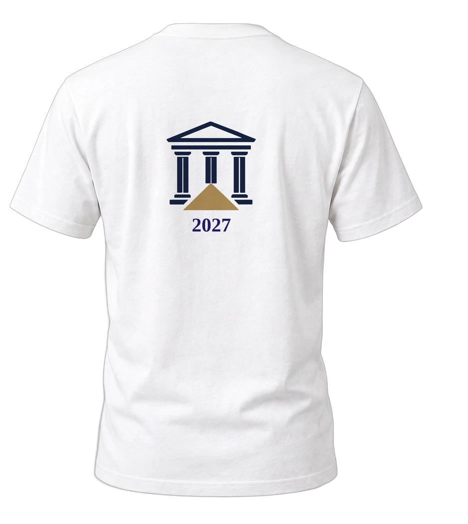 Back of the Legal Pathways tee with the courthouse emblem and 2027